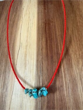 Turquoise Chip Pendant Red Bead Necklace - Unbranded